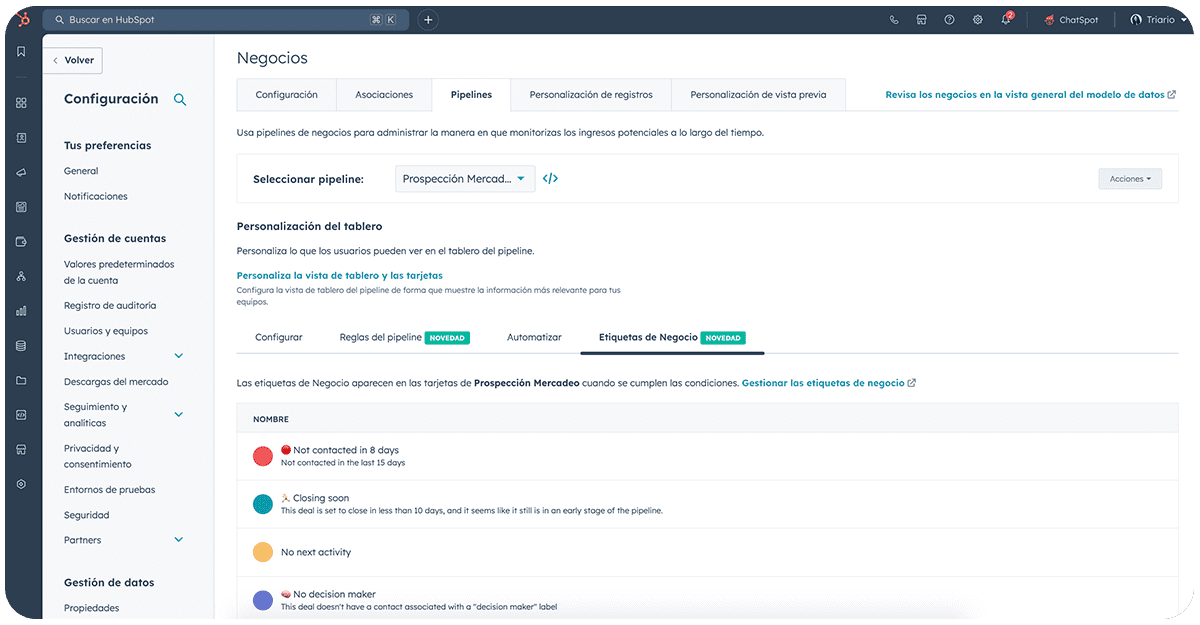 Configuración de etiquetas de negocios