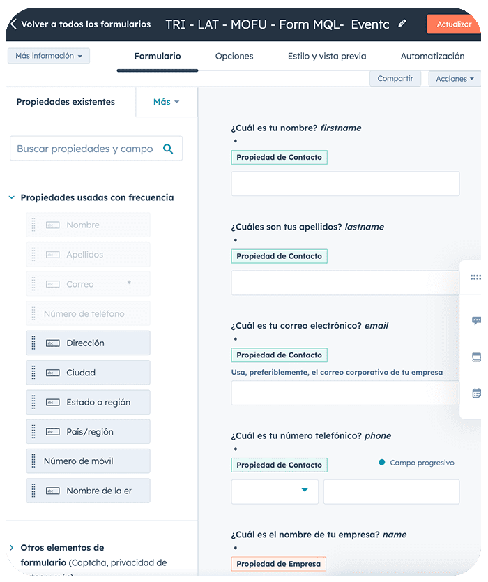 Formulario de captación de leads y listas de segmentación