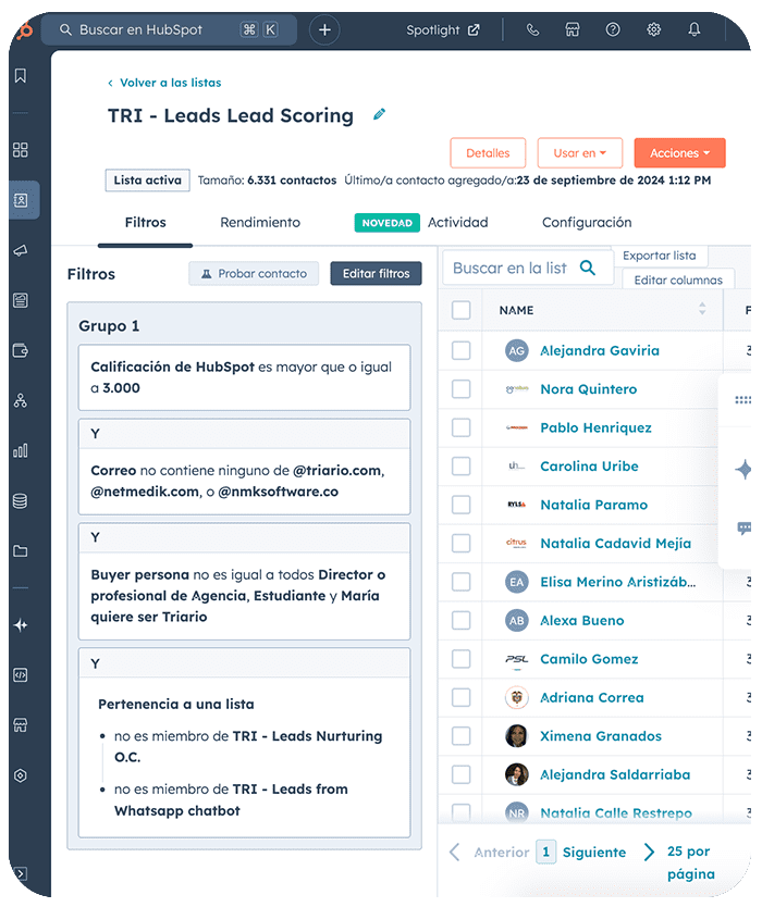 Listas de segmentación según lead scoring