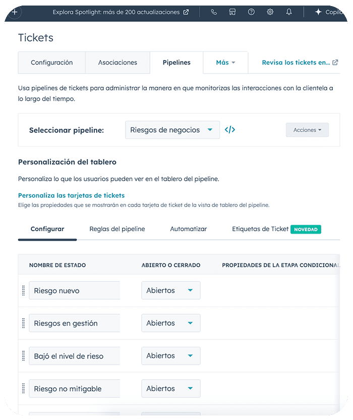 Pipeline de tickets y sus propiedades